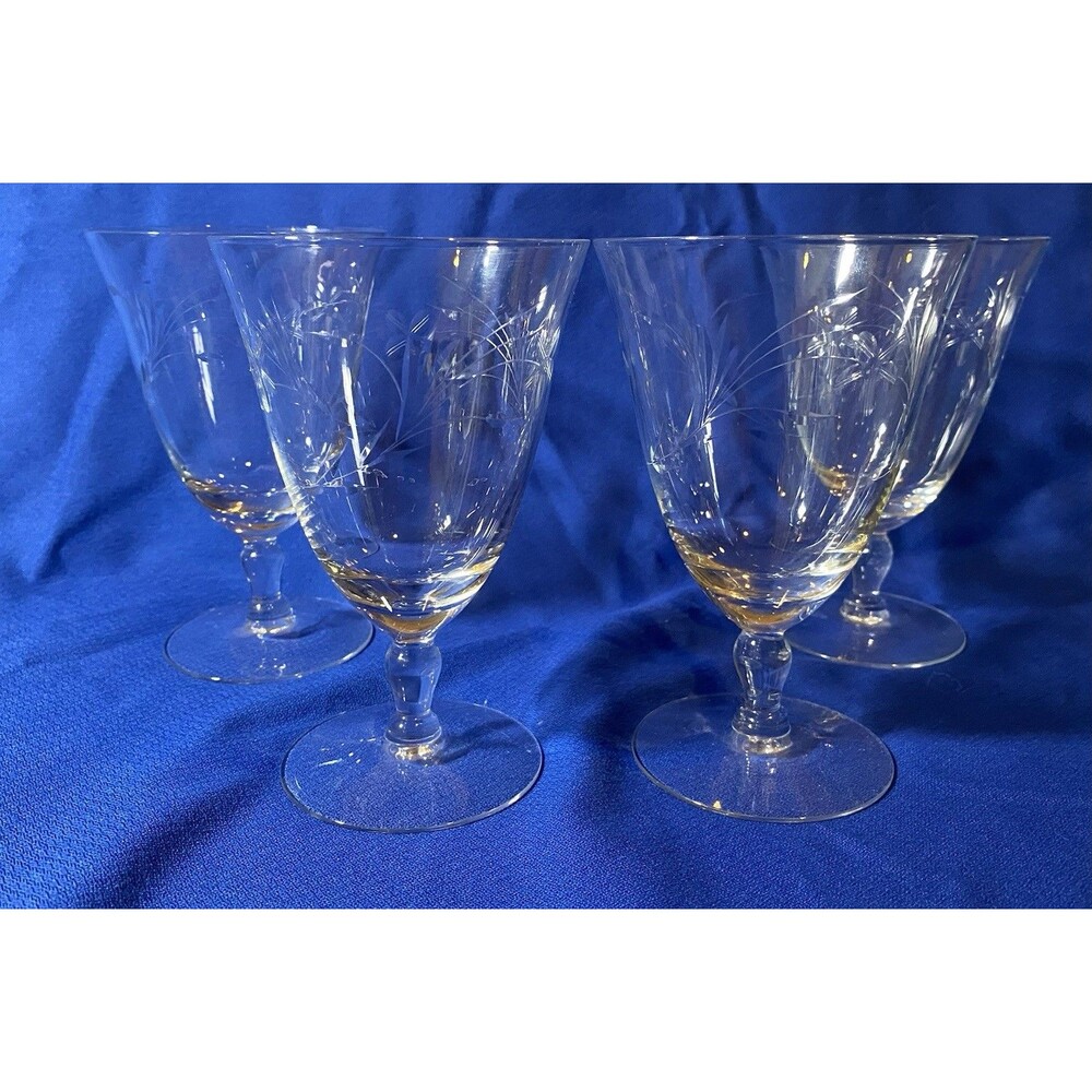 Set of 4 Etched Glass Water Wine Goblets Stemware Flower Leaf Wheat Pattern